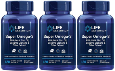 SUPER OMEGA-3 EPA/DHA FISH OIL SESAME  & OLIVE EXTRACT 3 Bottles LIFE EXTENSION