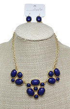 New Gold Tone Statement Necklace Earring Set with Blue Stones N2720