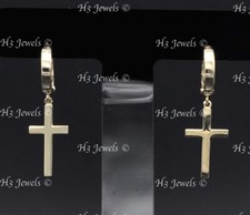 14k yellow gold high polish plain huggie hoop earring cross dangle 2.50gr 12983