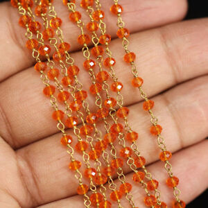 10 Feet Red Quartz Rondelle Faceted 3-4mm Hydro Beads Rosary Beaded Gold Chain