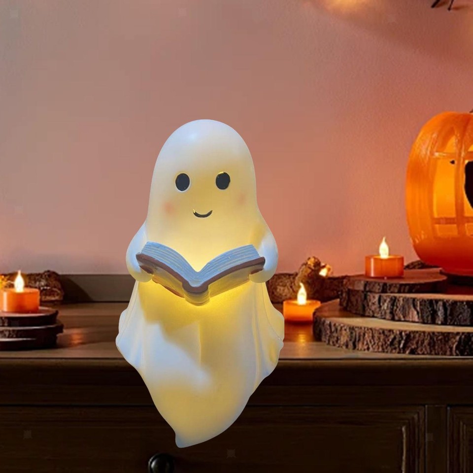 Ghost Reading Book Lamp - Adorable Flickering Night Light For Halloween, Book Lovers