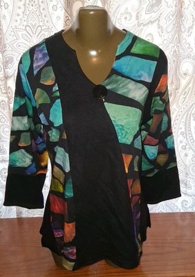 Parsley & Sage Boho Tunic Top  Blue Patchwork Mixed Media Artsy Size S