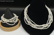 Gold Tone Multi Strands Necklace & Bracelet Set W/Pearls