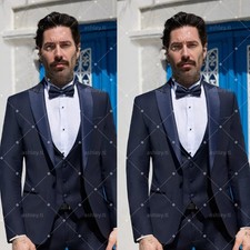 Navy Blue Men's Suits Peak Lapel Wedding Groom Tuxedo Formal Business 3 Pieces