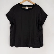 Cabi You Complete Me Top Blouse Sz XL Black Satin Short Sleeve Capsule Basic