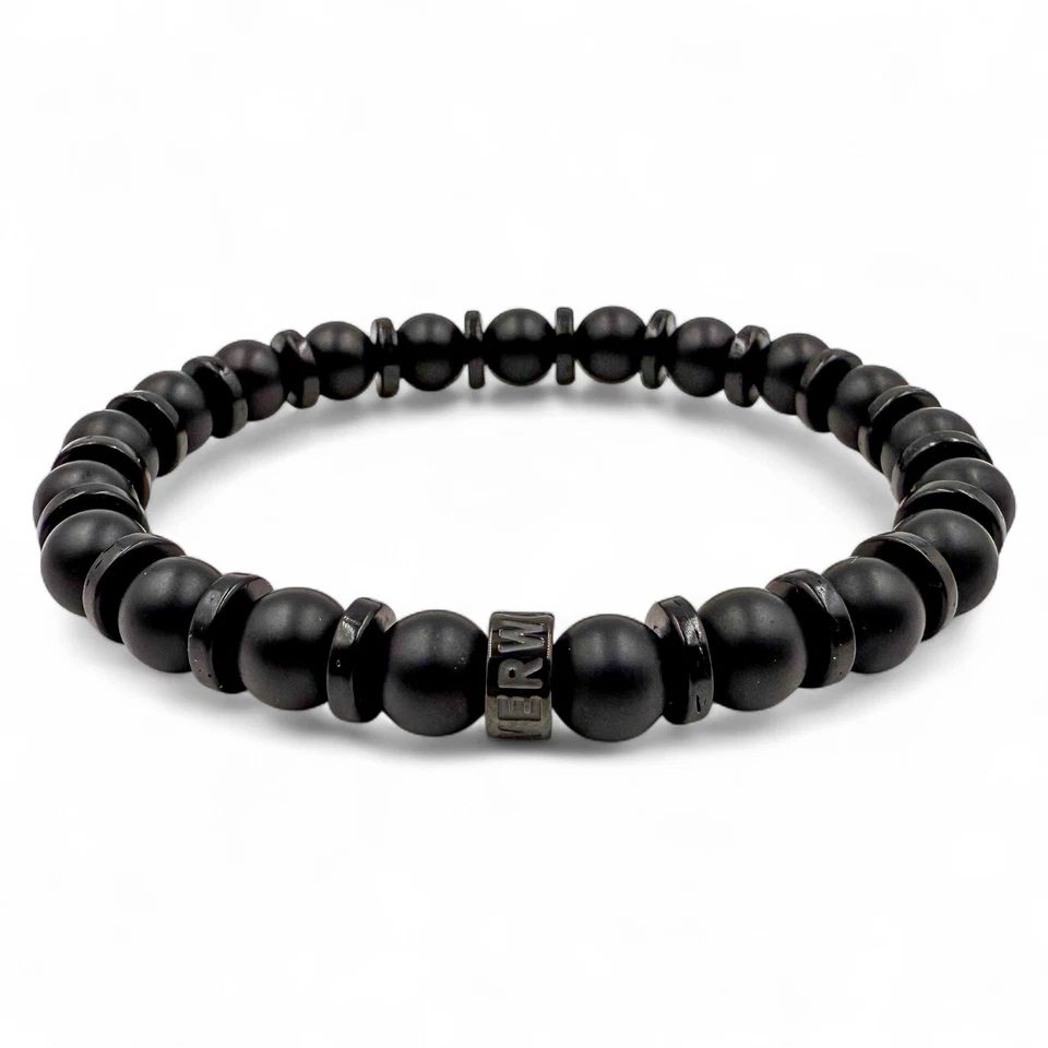 Pulsera de cuentas de piedras preciosas y madera para hombre - BLACK OPS - Joyería elástica hecha a mano Foto 4 de 4