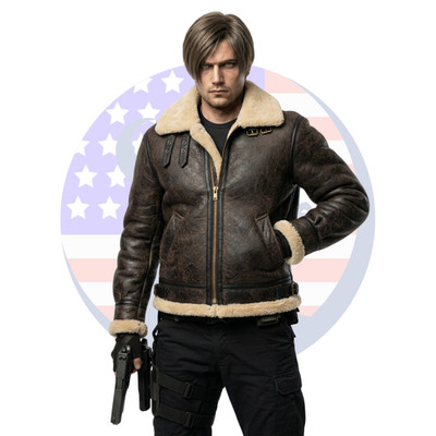 Mens Resident Evil 4 Remake Leon Kennedy Brown Bomber Cosplay Fur Leather Jacket
