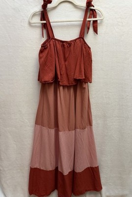 Petal & Pup Jayde S Colorblock Tier Ruffle Tie Strap Midi/Maxi Dress Rust Pink