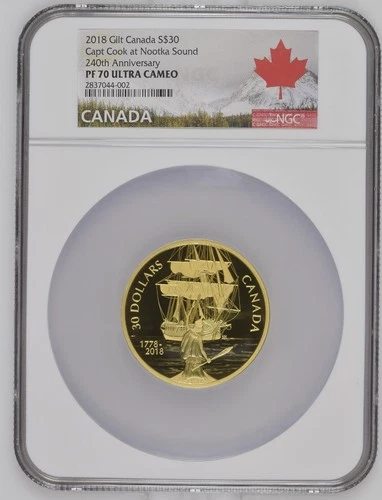 2018 Gilt Canada S $30 Capt Cook at Nootka Sound 240th Anniversary NGC PF70 UCAM