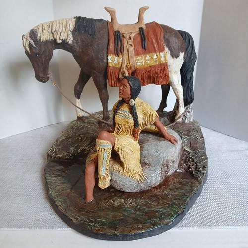 Signed Daniel Monfort Native American lady Horse Western Sculpture Statue 1985
