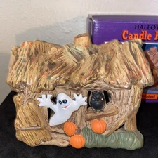 Vtg Hand Painted Porcelain 4.5x6” Haunted House Tea Light Candle Holder w/box