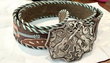12Western Women s Leather Belt Guitar Carved Turquoise Brown Lg. Ranch Cowgirl