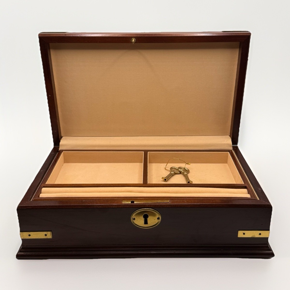 Vintage Bombay Company Wood Jewelry Box Brass Corners w/2 Keys
