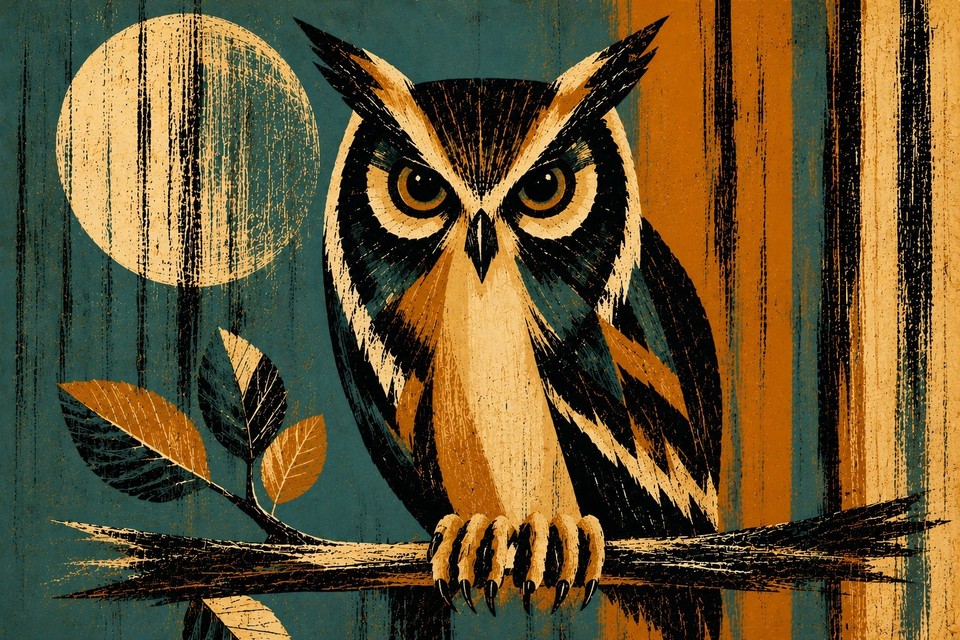 A large 24x36 block-print-inspired MCM owl art print with genuine retro graphic design flair — owls were THE mid-century motif.