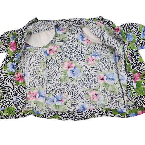 Cárdigan hawaiano vintage para mujer PL grande pequeño 100 % lino estampado de cebra hibisco - Imagen 11 de 16