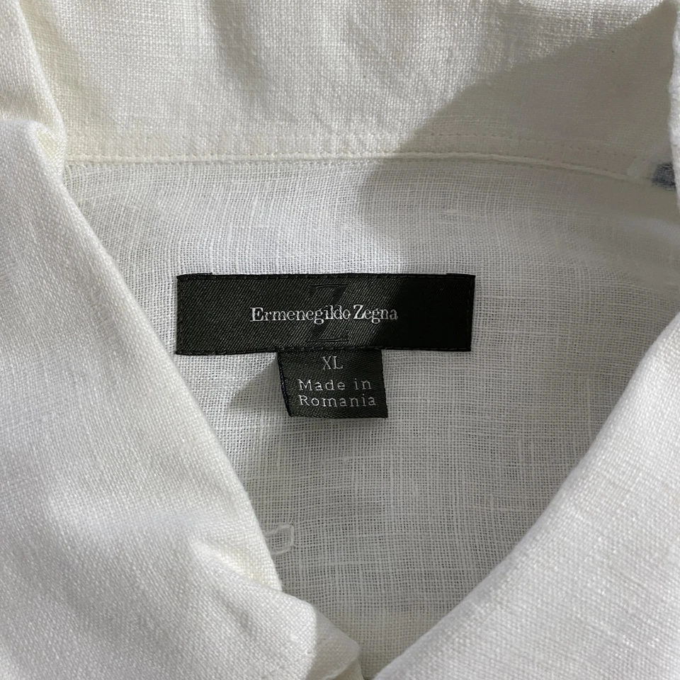 Ermenegildo Zegna 衬衫男式 XL 白色亚麻大麻花卉纽扣正装意大利 — 第 3/4 张图片