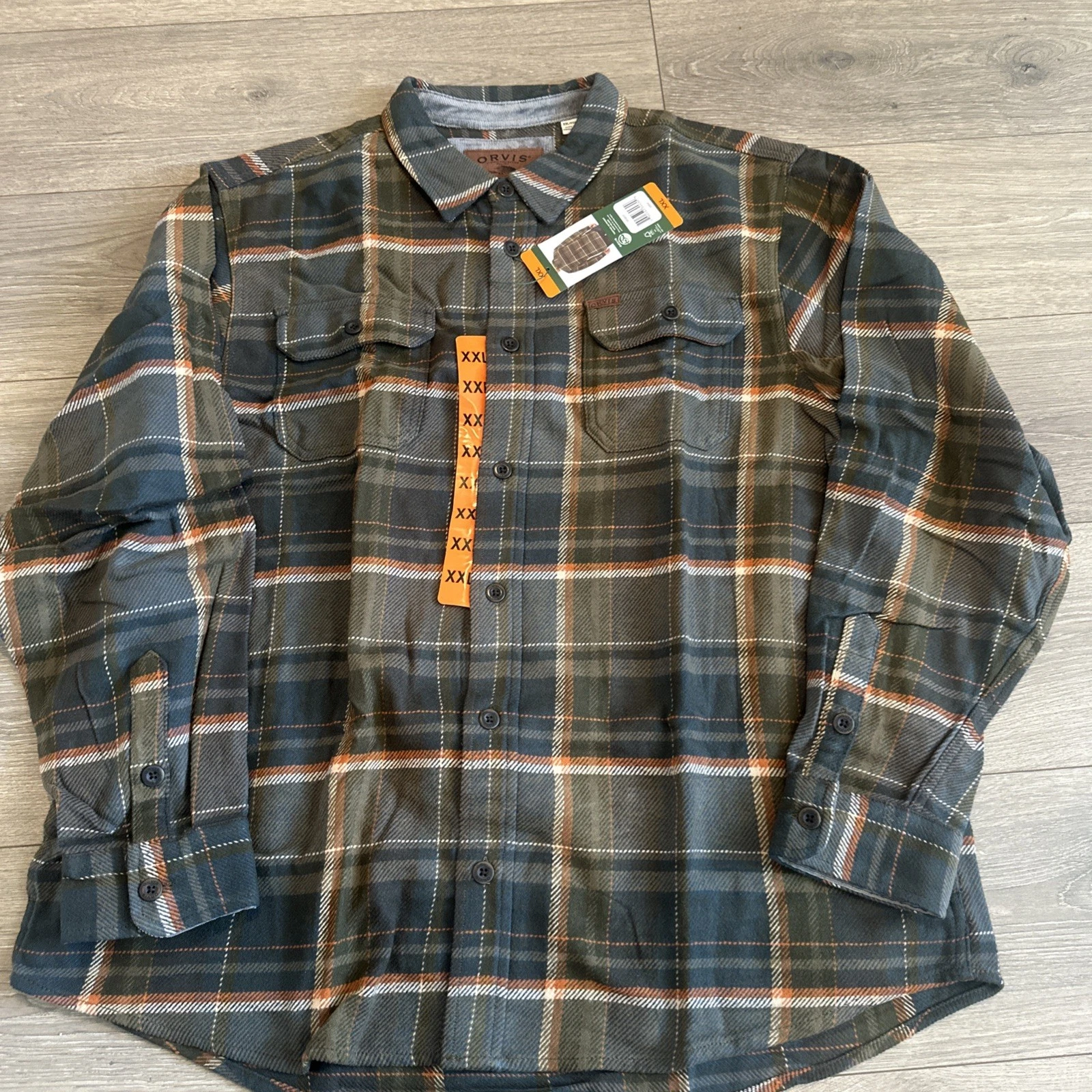 Orvis Men's Heavyweight Green Plaid Flannel Button-Up Shirt Size XXL/2XL