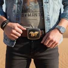 Men Western Belt Buckle Silver Metal Square Cowboy Gold Rodeo Horse Black Fabric