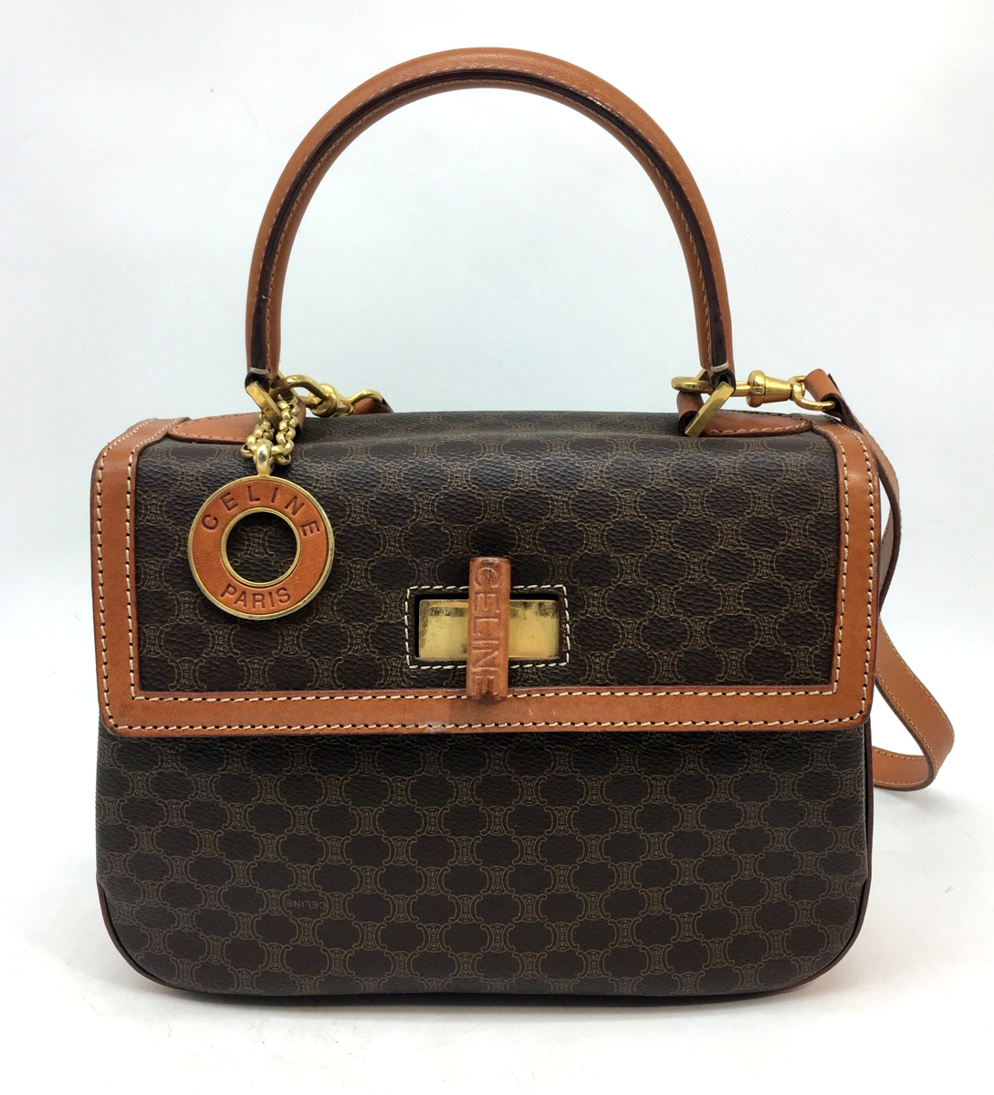 Auth Old CELINE Macadam Top Handle Shoulder Bag Circle Logo Brown