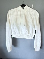 Women's White Textured Pullover Hoodie Knit Raglan Long Sleeve Casual