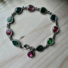 Vintage Link Bracelet Size 7.75 Boho Multicolor Teardrop Acrylic w Shell Cabs