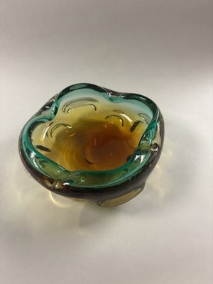 Vintage MCM Murano Style Glass Ashtray Bowl Amber Blue/Green