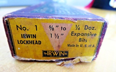 Irwin Drill Bits Original Box 5/8 - 1.5'' Expansive Holes Woodworking Tools 1924