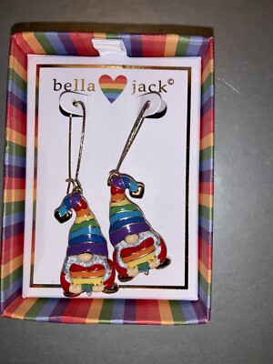 Bella and Jack Rainbow Pride Gnome Earrings Enameled NIB Gay
