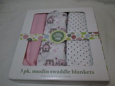 New Little Me OWLS HEARTS DOTS 3 pk. Muslin Swaddle Blankets 40x40  Pink/Brown
