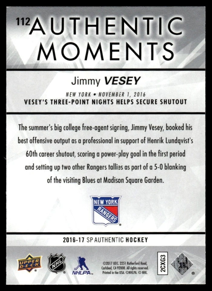 2016-17 SP Authentic Jimmy Vesey New York Rangers #112 - Image 2 of 2