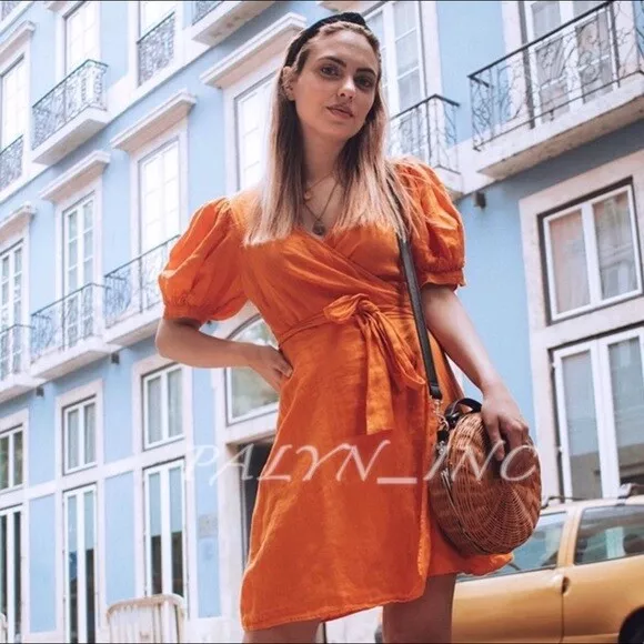 LAST NWT ZARA ORANGE WRAP LINEN DRESS 8566 051 eBay
