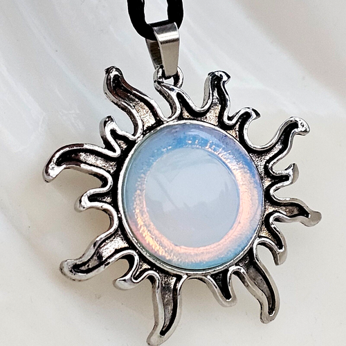 Opalite Sun Pendant Gemstone Sea Opal Crystal Healing Chakra Tie Cord Necklace - Picture 14 of 22