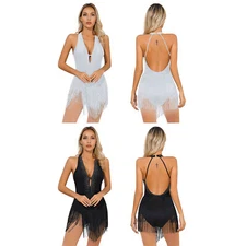 Womens Dress Rhinestone Bodysuit Party Latin Dance Leotard Fringed Unitard Sexy