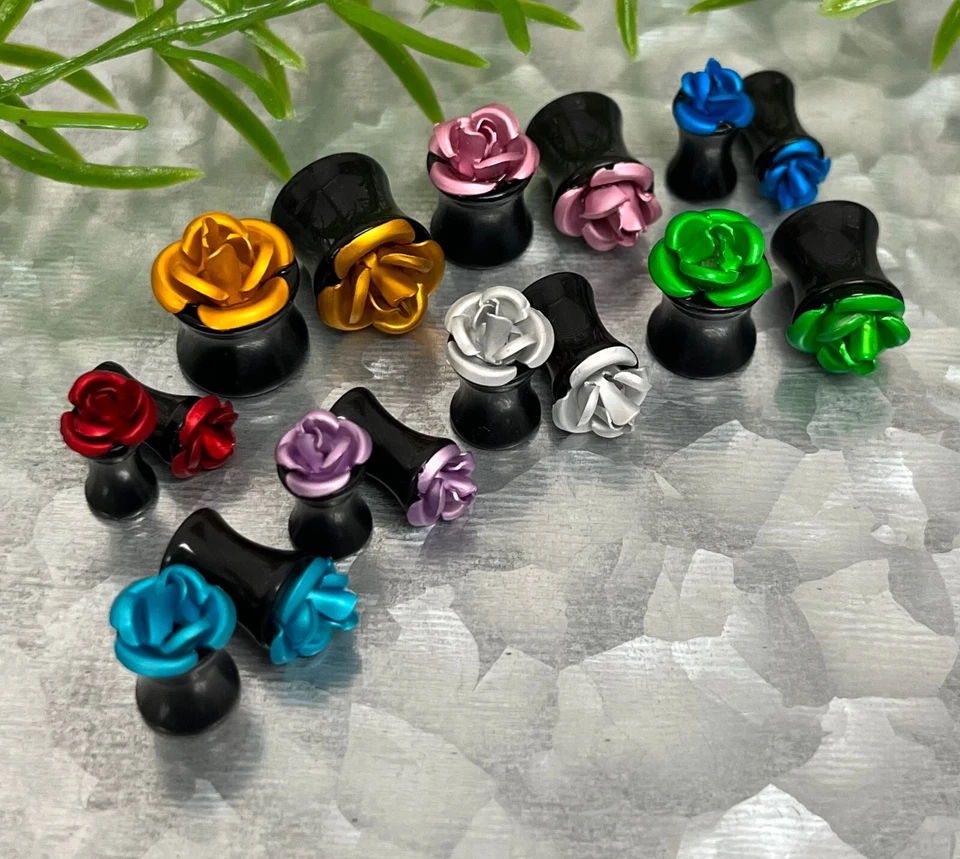 PAIR Acrylic Plugs w/ Metal Rose Gauges Tunnels Earlets Body Jewelry - Image 2 of 2