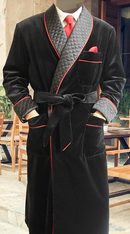 Velvet Quilted Robe for Men Vintage Smoking Dressing Gown Long Jacket ...