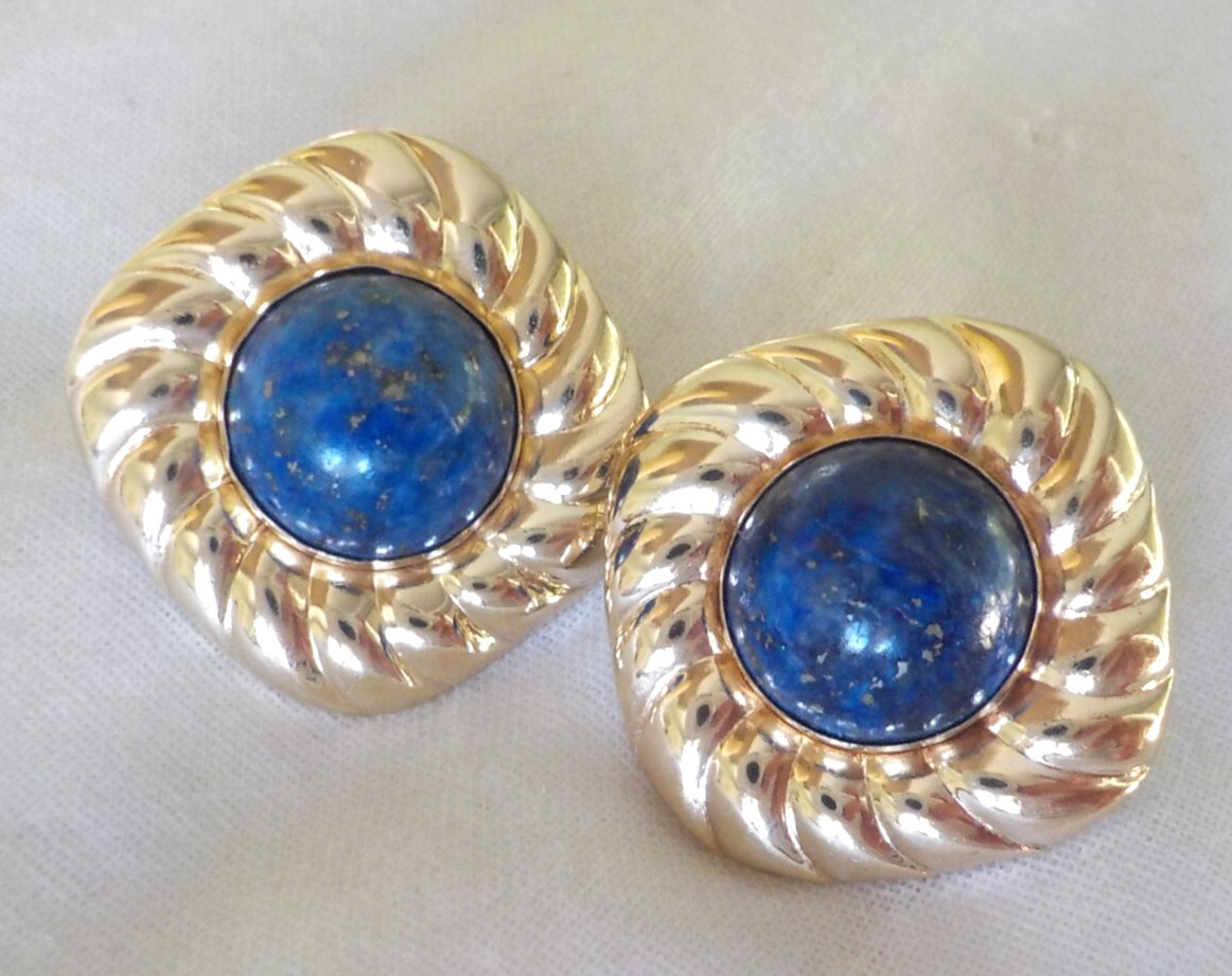 Solid 14K Yellow Gold Ribbed Frame Lapis Lazuli E… - image 2