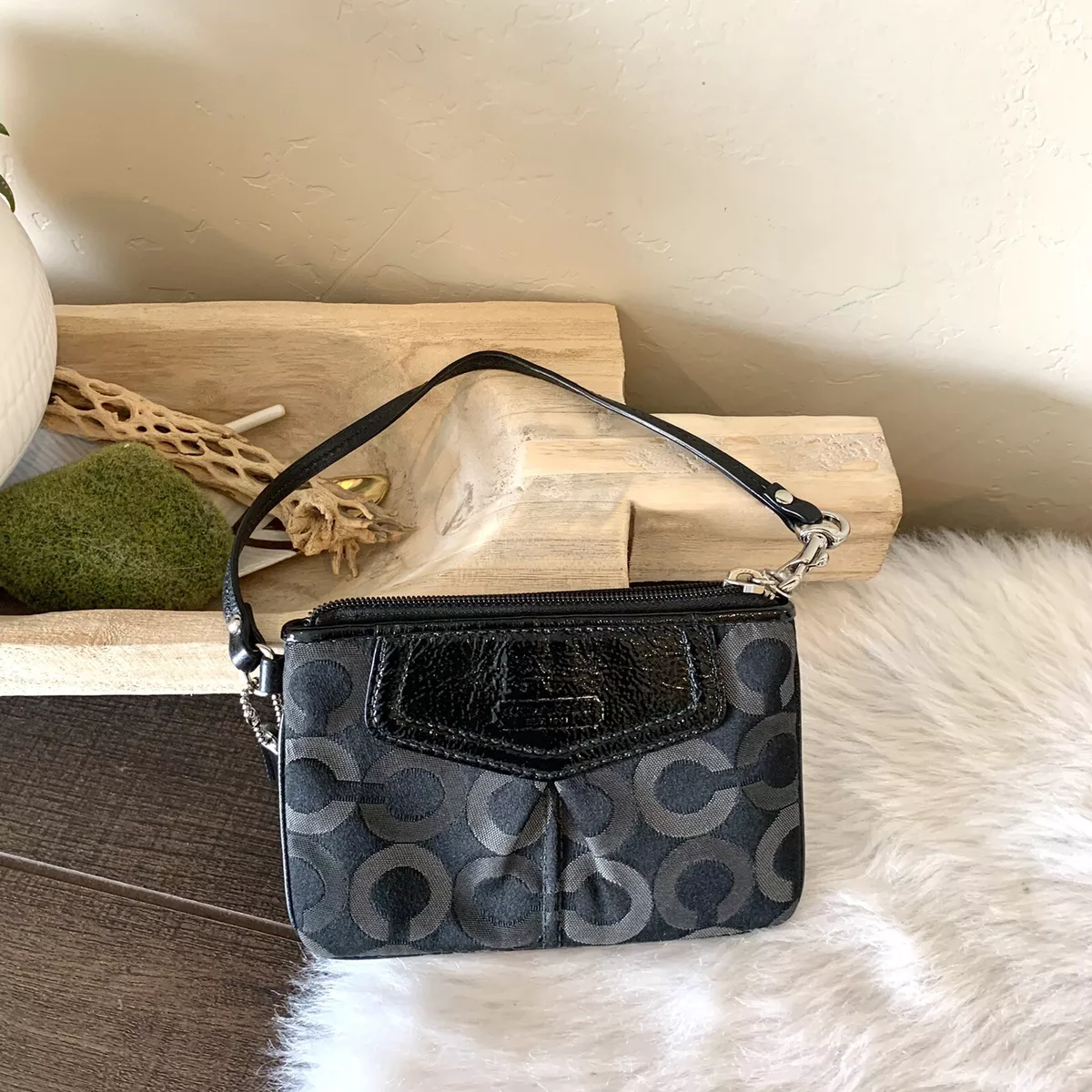 Coach Vintage Black Signature Monogram Canvas Leather Trim Wristlet Purse