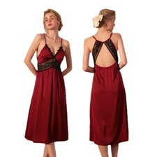 Women's satin slip sexy nightdress long lace seductive slip dress