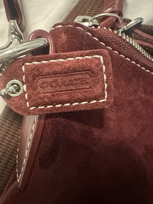Coach Burgundy Suede Shoulder Bag with Brown Strap and Stitching Accents