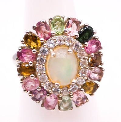 Ring Platin über Sterlingsilber 925 Opal Turmalin Doppelhalo Größe 6