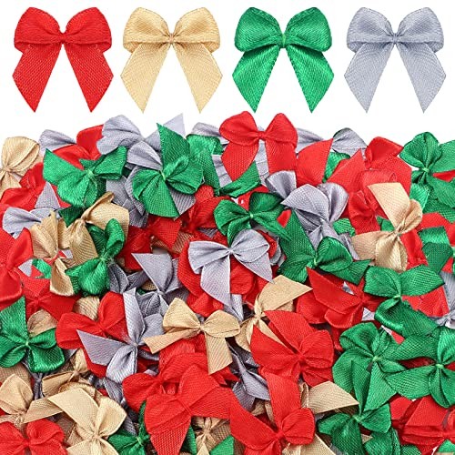 Syhood 150 Pcs Christmas Mini Bow Tiny Twist Tie Gold, Silver, Red, Green