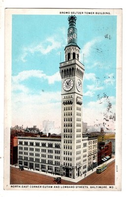 Bromo Seltzer Tower Building Clock Street Cars Baltimore Maryland Postcard MD