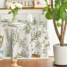 Spring Tablecloth 70 70 Inch Round, Watercolor Wildflowers Floral Herbs Washable