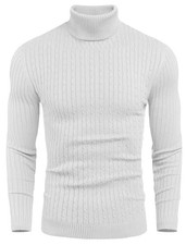 Men's Slim Fit Turtleneck Sweater Casual Twist Patterned Pullover Large White