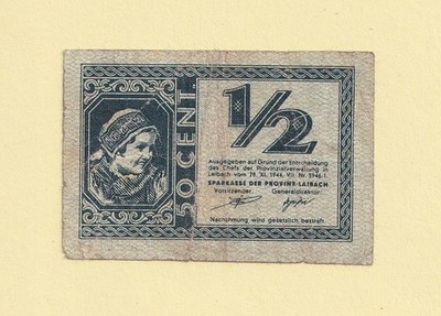 SLOVENIA LAIBACH YUGOSLAVIA 1/2 LIRE 50 CENT 1944 P-R1 F++ RARE