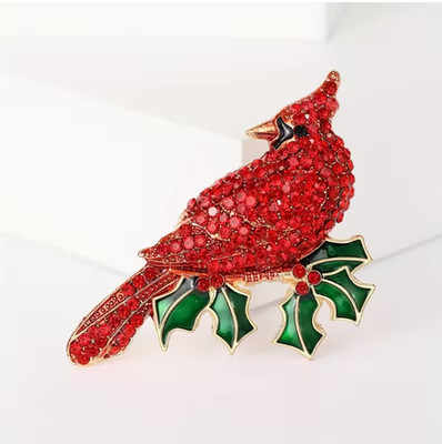 Red Cardinal & Holly Brooch Pin - Sparkling Rhinestone Design,