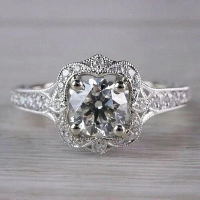 Art Deco Round Cut Lab Created Diamond Halo Proposal Ring 14K White Gold Finish