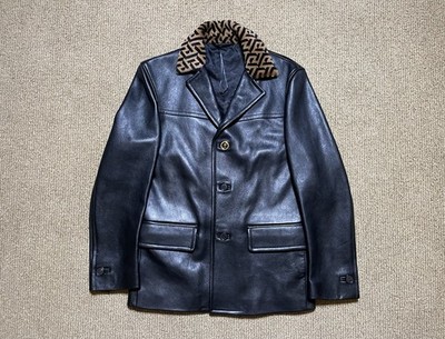 Men s Versace Leather Jacket Coat Fur Collar Buttons Black Size IT 46 / US Small