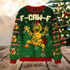 F-Caw-F Chicken Ugly Christmas Sweater, Funny Green Rooster Xmas Sweatshirt, Hum