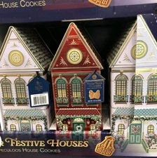 3 X Silver Crane House Tin With Cookie 12 Oz Red , White And Blue House